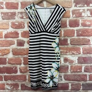VTG Cache Dress Women's M Black White Multicolor Striped Tropical Floral Zip Up